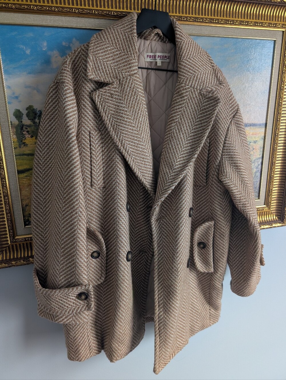 Free People Taupe Herringbone Peacoat